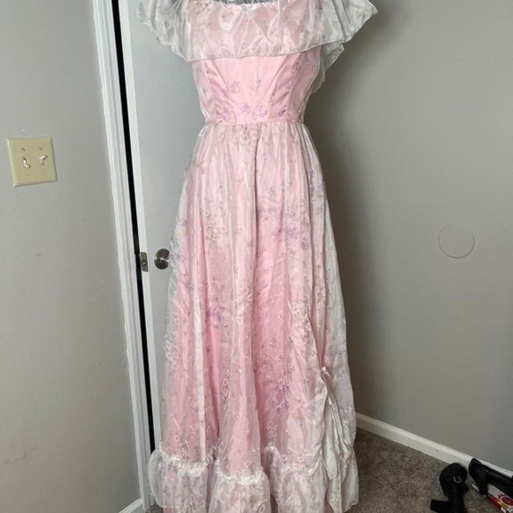 vintage 1970s cottage core prairie dress with hike in the top layer